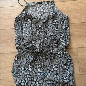 LOFT Black Floral Tie-Waist Romper with Light Blue Accents